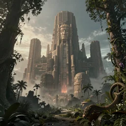 Cyber space forest scene, Giant Aztec space city, volumetric light, fog, dusk lighting, intricate details ,by denis villeneuve, Ridley Scott, Greg Rutkowski and Alphonse Mucha