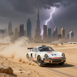 a 70's porche rally car races down a sand covered 2 lane road, towards the high rises in Dubai in front of a dust storm, lightning bolts strike in the sky, sun shines down on the car, there is a magical ambiance in the air, fantasy illustration, detailed painting, and deep color