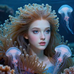 princess of sea anemones, gorgeous, realistic face, detailed anemone hair, jellyfish, wlop, edouard bisson, translucent, 8 k portrait render, 🌊, 🐠, artstation, ultra realistic, cinematic lighting, painterly