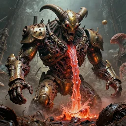 movie still of star demon lava spewtum, in chaotic dreamed insanity, intricately macerated by age, sentient, dethroned goliath machine, blood turbines, hydrocracking gangrene, battles, rusted, macerated, eviscerated by fimbria wires, bicornate fungal pit, brass sheen rotting, by alberto bontempi, jack kirby,
