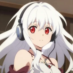 anime film still portrait of a japanese young woman, large, red eyes, white hair!!!!!, long, wearing wireless headphones, detailed facial features, dynamic pose, cute face by ilya kuvshinov, bakemonogatari, rimlight, anime cel shaded, 4 k, white hair