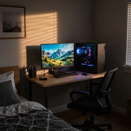 photograph of slightly messy bedroom office, gaming computer