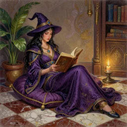a pastel drawing of a woman wizard, ornate clothing, lounging on a purpur pillow on the marbled checkered floor in her study room reading an ancient tome. to the side is a potted plant, moody candlelit raytracing. ancient oriental scifi fantasy setting. 4 k key art. by chie yoshii