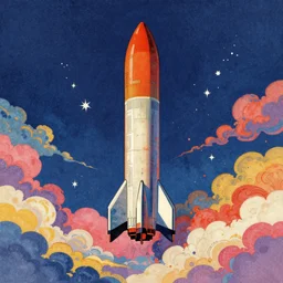 a frontal drawing of a vertical space rocket centered with a dark blue background and colorful clouds with stars from akira, centered, graduation album cover color palette by martine johanna and simon stalenhag and chie yoshii and casey weldon and wlop ornate, dynamic, particulate, rich colors, intricate, elegant, highly detailed, vogue, harper's bazaar art