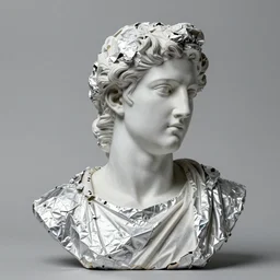 “Apollo statue made of pieces of tinfoil and rubber, detailed but rough, refracting light, 4k photo, great light and shadows, Sony 175mm”