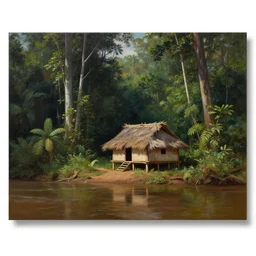 a beautiful painting of a small and simple indigenous hut lost deep in the amazon jungle near a river, matte painting, art by christophe vacher