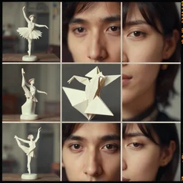 beautiful three point perspective film still of funky pop origami ballerina character study scene in merce cunningham, extreme closeup portrait in style of frontiers in victorian pin hole photography fashion architectural art studio seinen manga edition, porcelain holly herndon statue, pointe pose, tilt shift background, soft lighting, kodak portra 4 0 0, 8 k, macro, cinematic style by emmanuel lubezki