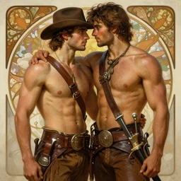 attractive shirtless gunslinger and his handsome swordsman, they are in love, leather clothing, fringes, bandoliers, homoerotic natural lighting, path traced, highly detailed, high quality, digital painting, by gaston bussiere, craig mullins, alphonse mucha, j. c. leyendecker