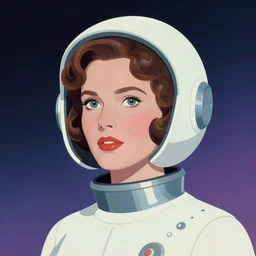 sherilyn fenn 2 2 years old space woman, retro futurism, 1 9 5 0 s scifi, half portrait by stanley artgerm, dramatic lighting, ilya kuvshinov, trending on artstation, flat colour, geometric curves, gradient filter, pleasing tone colours