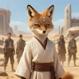 beautiful portrait of a female anthropomorphic coyote fursona wearing jedi robes in a desert future town. character design by charlie bowater, ross tran, artgerm, and makoto shinkai, detailed, soft lighting, rendered in octane