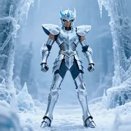 full shot of knight inspired by Saint Seiya, wearing ice Armor, frozen scène.