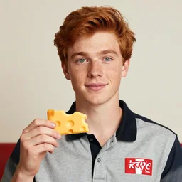 photo of a young man with auburn hair, freckles, green eyes, and a kentucky fried chicken employee shirt, holding a piece of cheese shaped like kentucky
