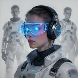 neon cyberpunk programmer with glowing geordi cyclops visor over eyes and sleek headphones head turned desaturated portrait painting by donato giancola, dean cornwall, rhads, tom whalen, alex grey astronaut fashion photography