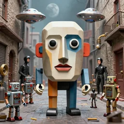 bauhaus abstract geometric portrait of 1 9 5 0 s scifi, tin toy robots, ufo, flying saucer, moon, meninblack, steampunk, alley, streets, walter sickert, earl norem, depth of field, hyperrealistic, octane render detailed and intricate environment