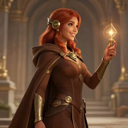 sideview of a dnd young priestess in a temple, earth attuned, brown robes, skintight, cloak, alluring, light brown skin, red hair, happy, metallic brass accessories, spellcasting, high fantasy, detailed face, highly detailed, sharp focus, smooth, digital illustration, by clyde caldwell