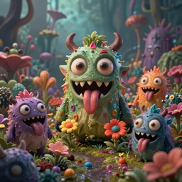 intricate colourful murky landscape with strange cute friendly horror crazy monsters with huge beauty eyes long tongue triangle teeth and scary face appearing from the flowers, in the style of craola, shallow depth of field, highly detailed, digital painting, trending artstation, concept art, illustration, cinematic lighting, vibrant colors, photorealism, epic, octane render
