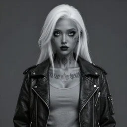 Hot young woman, grey skinned, void eyeballs, white hair, tattoos, wearing leather jacket and wifebeater tank top, digital art, concept art, 4k,