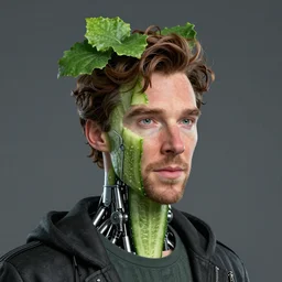 a full character portrait of benedict cumberbatch merged with a cucumber, the pixar adaptation, with cucumber leaves as hair, ef 8 5 mm f 1. 8 usm, bionic scifi alexandre ferra, hyper detailed, digital art, trending in artstation, cinematic lighting, studio quality, smooth render, unreal engine 5 rendered, octane rendered