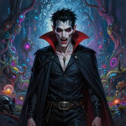 Horrifying hyper realistic vampire in a beautiful lsd multiverse, Johfra Bosschart matte painting, post-processing, fantasy , masterpiece , painting , vibrant colors