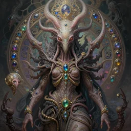 psychedelic organic cthulhu mindflayer, gems jewels, diffuse lighting, very very intricate, very very elegant, highly detailed, lifelike, photorealistic, digital painting, artstation, illustration, concept art, smooth, HR GIGER , Hieronymous Bosch, Francis Bacon sharp focus, art by Greg Rutkowski and John Collier and Albert Aublet and Krenz Cushart and Artem Demura and Alphonse Mucha