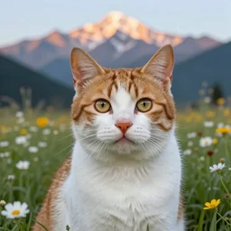 glossy photograph, photoreal, hyperreal, cat in a  field of flowers, mountain sunrise,  detailed , clear