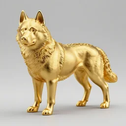 gold sculpture of a husky, highly detailed, engraved