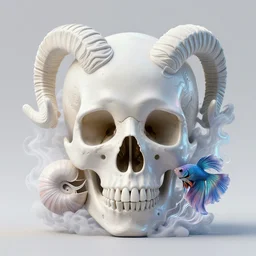 minimalistic iridescent 3 d close - up swirly skull giant gladiola betta fish!! ram skull jellyfish phoenix with nautilus surrounded by smoke and water fire energy flow, highly detailed. octane render, excellent composition, by wlop, tooth wu, greg rutkowski, alena aenami, beeple