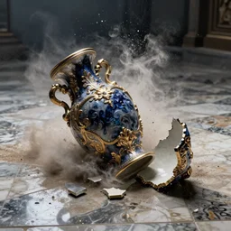 An ornate baroque vase breaking on the marble tile floor, exploding into dust, dark-blue light-blue gold silver white black beige, volumetric dust rays, intricate detail, ultra realistic, cinematic lighting, moody, wet, shiny,