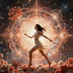 ridiculously beautiful young asian woman tripping by irakli nadar, several layers of coral and light fractals radiating behind with sacred geometry, cosmic, natural, awakening, symmetrical, in the style of ernst haeckel and alex grey, effervescent, warm, photo realistic, epic and cinematic