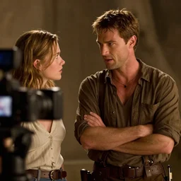 a scene from the film indiana jones and the fate of atlantis, with indiana talking to sophia hapgood, dslr hyper focused