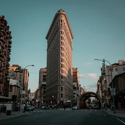 flatiron building and gotthard tunnel combined, wide establishing shot, dark teal lighting, soft dramatic lighting, sharp focus, 4 k digital camera
