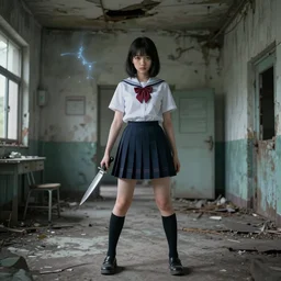 magical and mystical school girl holding a knife on a abandoned hospital, octane render, rembrandt, cgsociety, artstation trending, highly detailded