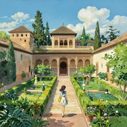 A beautiful landscape painting of the the gardens of the real alcazar seville, by Alfons Maria Mucha and Julie Dillon and Makoto Shinkai