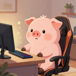 a cartoonish cute anthropomorphic pig sitting on a gaming chair playing computer games, in a comfy house, warm lighting, magical atmosphere, trending on artstation, 30mm, by Noah Bradley trending on ArtStation, deviantart, high detail, stylized portrait