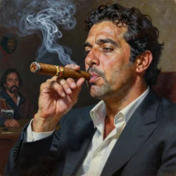 an oil painting of uncle joey diaz smoking cuban cigar, ultra realistic, highly detailed, masterpiece, cinematic by greg rutkowski, frank frazetta, beeple, christian macnevin, beeple, wlop, krenz cushart, epic character art, volumetric lighting, cgsociety
