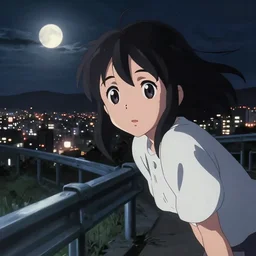 anime visual, dark portrait from a distance of a cute girl sightseeing above the city at night, guardrails, moon, cute face by ilya kuvshinov, yoshinari yoh, makoto shinkai, katsura masakazu, moody, dynamic perspective pose, detailed facial features, kyoani, rounded eyes, crisp and sharp, cel shade, lomography