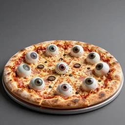 hyperrealstic cgi rendering of a pizza covered in eyeballs and teeth -12