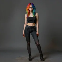 full body pose, hyperrealistic mixed media painting of a beautiful grungy woman with rainbow hair, dim volumetric lighting, 8 k octane beautifully detailed render, post - processing, portrait, extremely hyper - detailed, intricate, epic composition, cinematic lighting, masterpiece, trending on artstation, very very detailed, masterpiece, stunning, 8 k, hdr, smooth, sharp focus, high resolution, award - winning photo, dslr, 5 0 mm