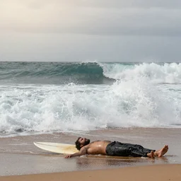 Dawn. Crashing Surf. The waves TOSS a BEARDED MAN onto wet sand. He lies there.
