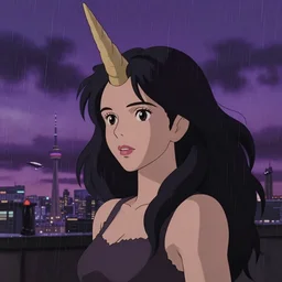 A black-haired woman with a unicorn horn on her head on a rainy day with purple clouds and spaceships on the horizon in Toronto, Studio Ghibli style”