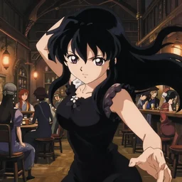 anime visual, portrait of a young female in a busy fantasy medieval tavern interior at night, face by yoh yoshinari, murata range, last exile, blue submarine no 6, dynamic pose, dynamic perspective, detailed silhouette, rich texture, seven deadly sins anime, flat, anime cels, matte color, intricate face, fine details