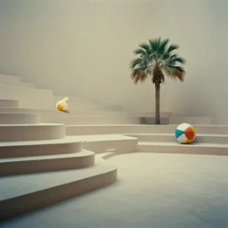 noisy color photograph of an underground retrofuturist liminal space, staggered terraces, lonely palm tree next to a beach ball, deformations, minimalist, cinematic, soft vintage glow