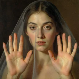 A close up of a woman with her hands pressed against a fine mesh, Man Ray, The Veil