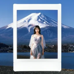 a instax photo of fuji mountain, a tall japanese girl in a transparent sheer fabric dress against the background of fuji mountain, severe snow, full body shot, perfect symmetrical body, perfect symmetrical face, coherent symmetrical eyes, hyperrealistic, hyperdetailed, octane render, 8 k