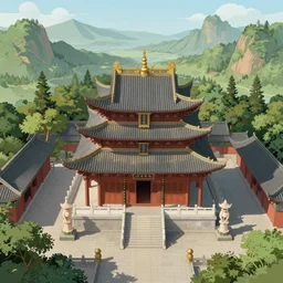 top down view of traditional chinese temple in yunnan, seen from above, surrounded by mountains and forest, pieter bruegel, greg rutkowski, illustration