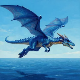 digital art of a blue dragon flying over the sea, allosaurus with pterodactyl wings, side view, acrylic by wayne reynolds, mtg, trending on artstation