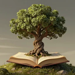 tree of wisdowm growuing out of a book, on top of a hill, twisted trunk, extremely detailed, masterpiece, deviantart, by aleksi briclot and john avon