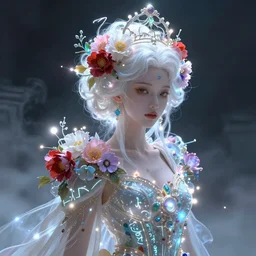 a colorful festive and vibrant majestic white queen with flowers on her hair, glowing light orbs, intricate concept art, elegant, digital painting, smooth, sharp focus, ethereal opalescent mist, deep colors, illuminated lines, outrun, vaporware, illuminated runes, dark smoky background, cyberpunk darksynth, ethereal, ominous, misty, 8 k, by ruan jia and miho hirano, 8 k, rendered in octane