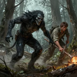 a wendigo chasing a lumberjack, horror, artstation, digital painting, detailed