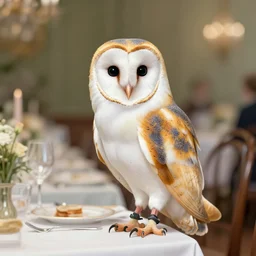the royal king's barn owl at a dinner party by greg hildebrant lisa frank fancy rococo baroque regal oil painting high quality award winning clothed in fancy garb